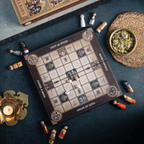 Chowka Bara cross-shaped game board showing four deity houses for Vishnu, Brahma, Shiva, and Ram with Moksha Point center