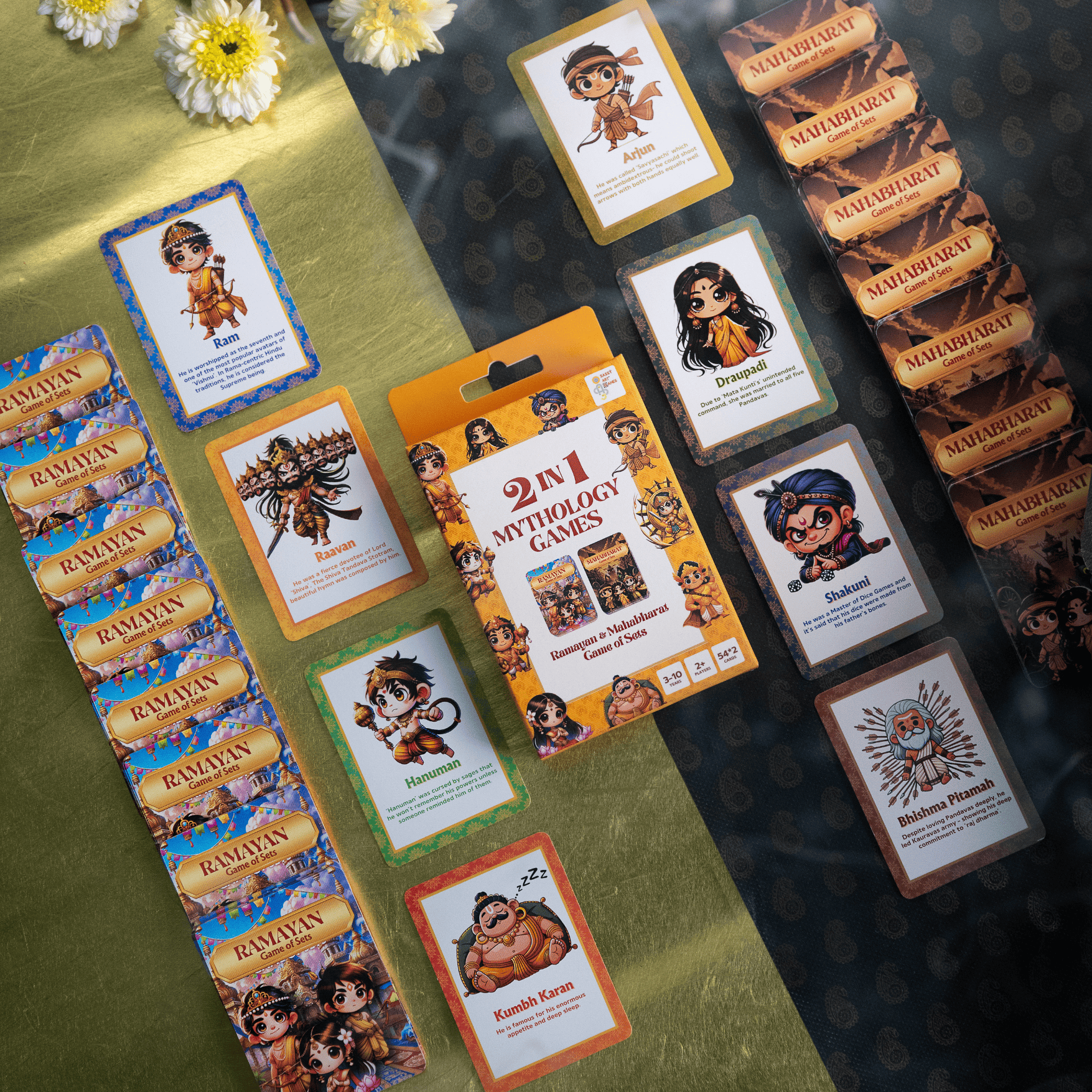 Family playing Ramayan Mahabharat Game of Sets Indian mythology card game together across all age groups