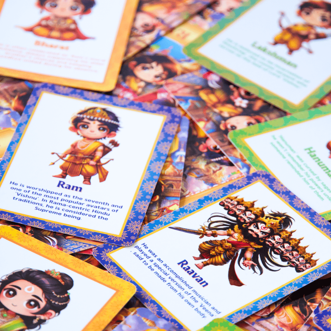 Close up of Game of Sets mythology cards featuring Ram Sita Hanuman from Ramayan and Krishna Arjun Draupadi from Mahabharat