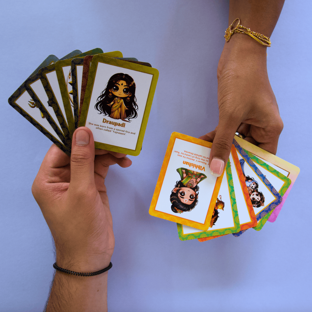 Game of Sets character cards showing Ramayan and Mahabharat mythology heroes across four colours including Ram Krishna Hanuman and Arjun