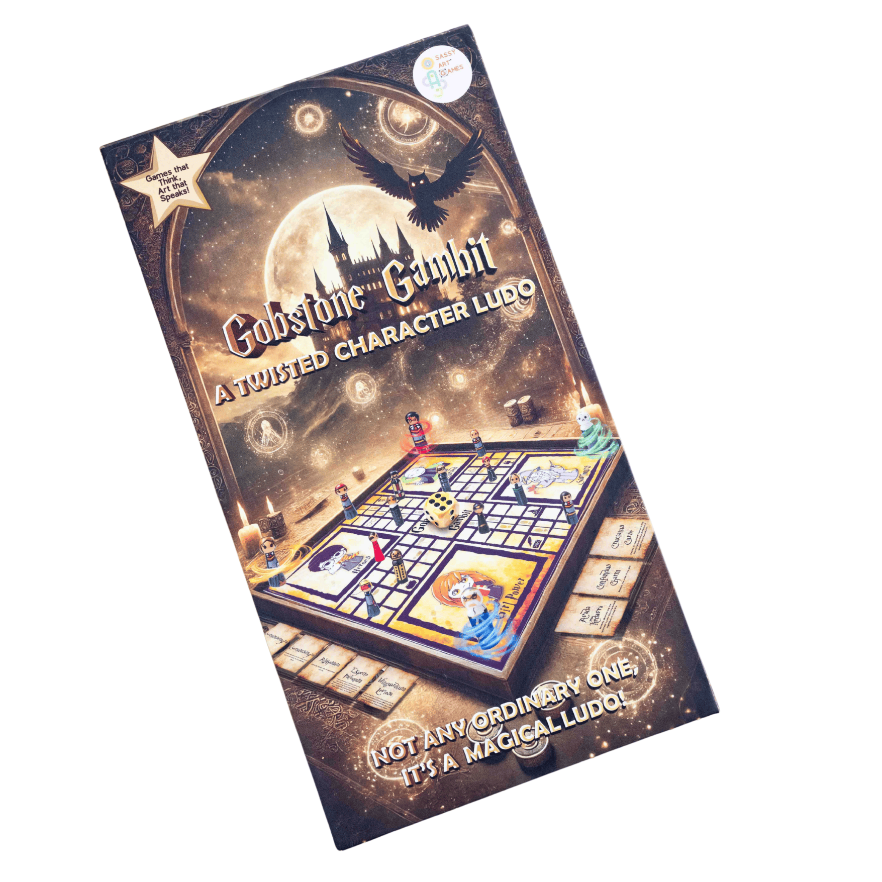 Gobstone Gambit premium components including big wooden dice hand-painted wizard dolls and fantasy Ludo board