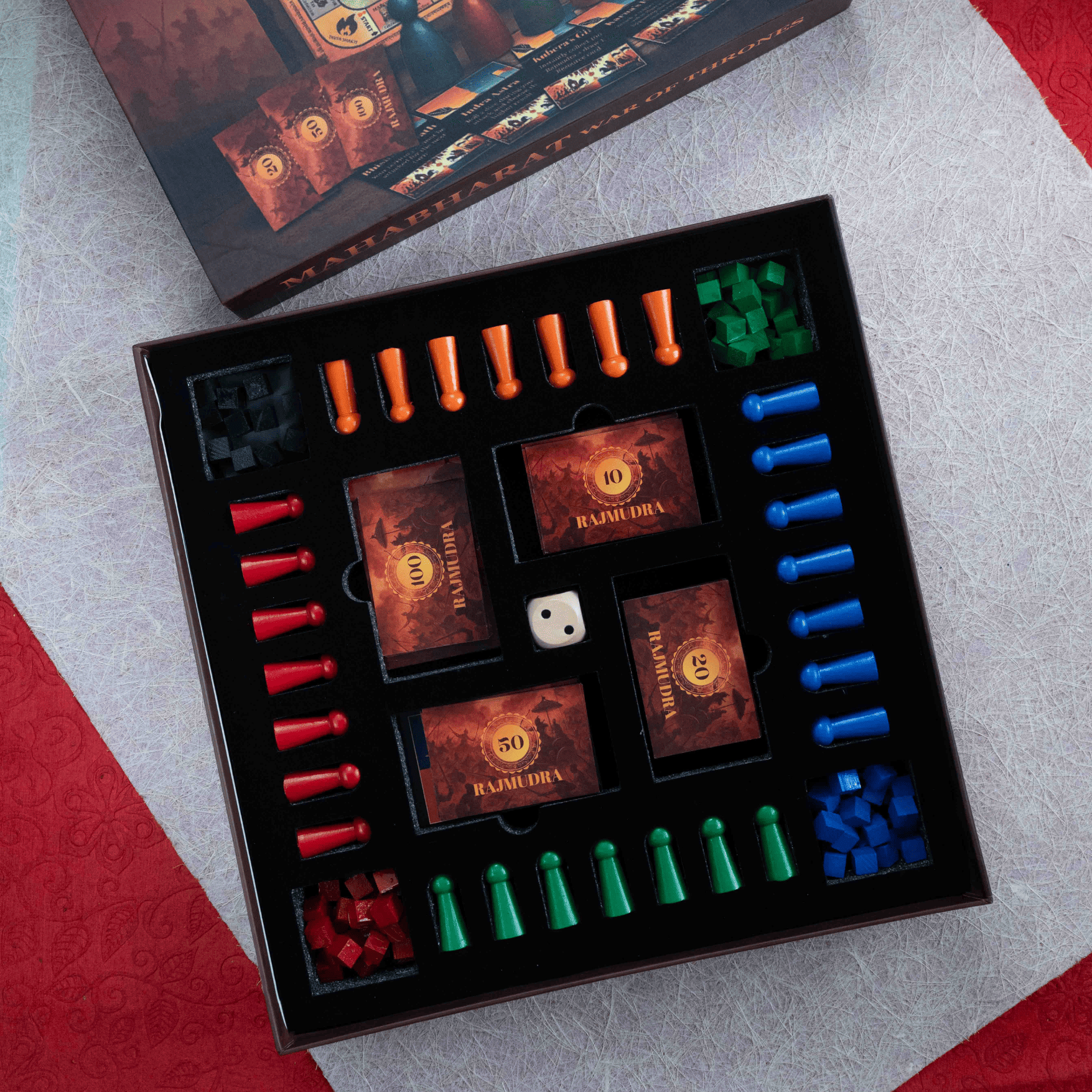 Mahabharat board game Dharma cards featuring Krishna Arjun Bhishma Draupadi Shakuni and Karna with illustrated character artwork