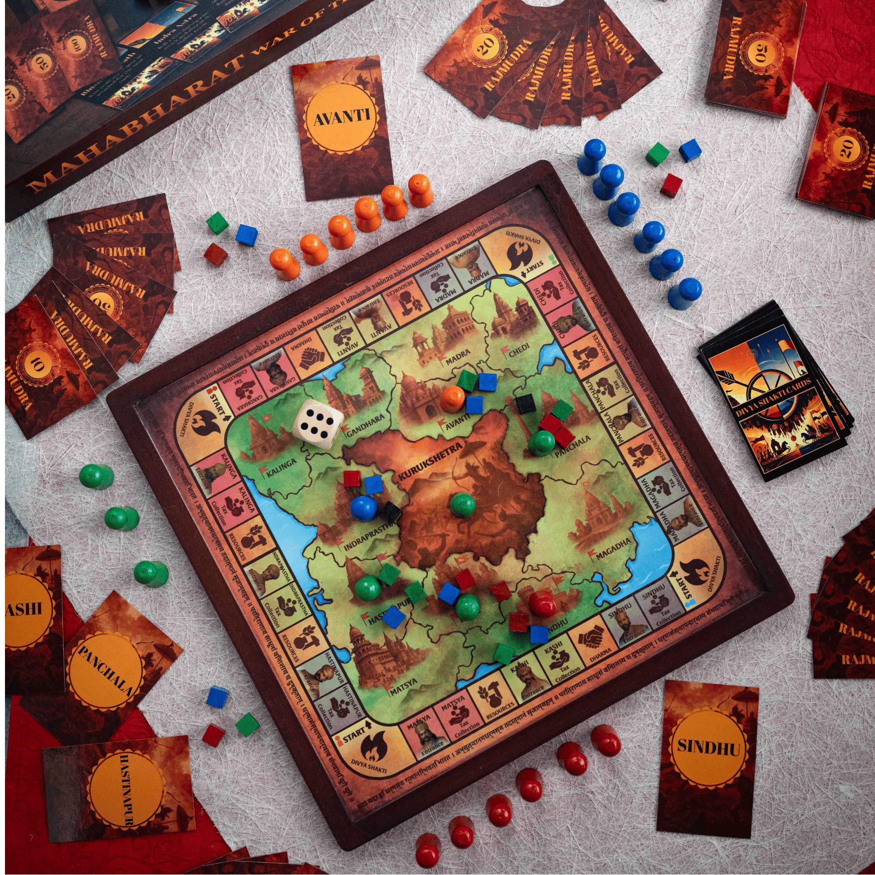 Mahabharat War of Thrones wooden game board showing Kurukshetra battlefield map with territory regions for strategic gameplay