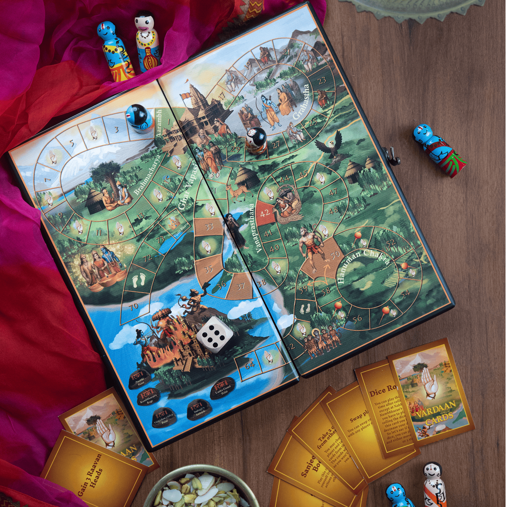 Ramayan Ek Veergatha game board featuring Gurukul Swayamvar Vanvas Ram Setu and Battle of Lanka stages with cultural artwork