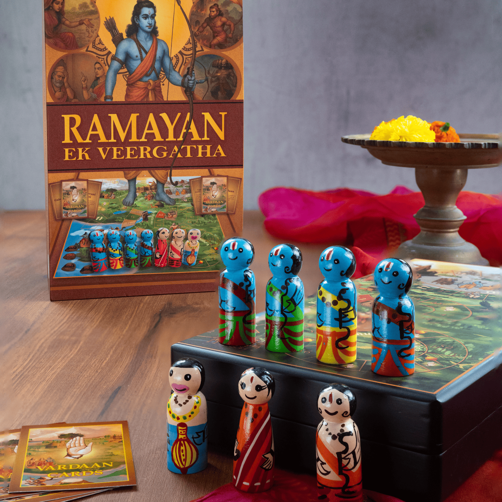 Ramayan board game wooden foldable board showing five journey stages from Ayodhya to Lanka with traditional Indian artwork