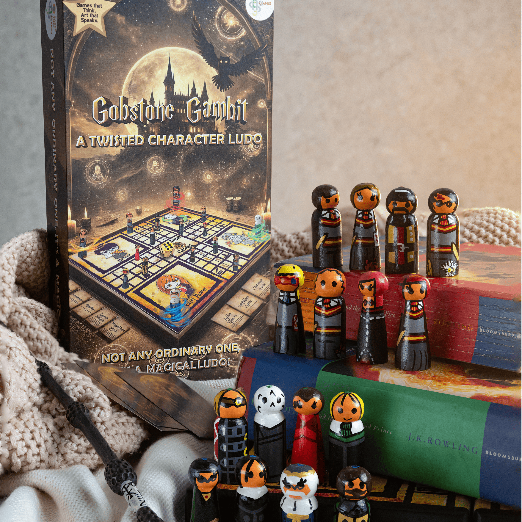 Wizarding Ludo board game Gobstone Gambit showing wooden foldable board and magical spell card gameplay
